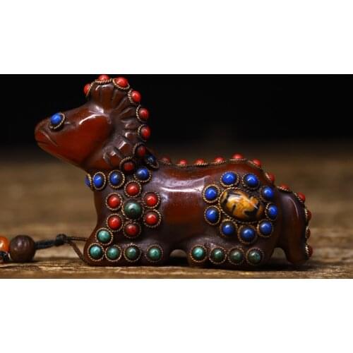 3"Tibet temple Old Natural agate Filigree Gem Dzi Bead Horse statue Pendant Amulet Town House Exorcism Ward off evil spirits