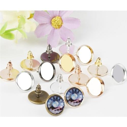 50pcs/lots 12mm Iron Earrings (with earplugs) Base Tray DIY Settings Blank Base For Earring Jewelry Making Findings