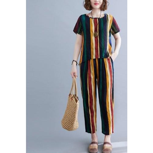 Loose Top High Waist Harem pants Loose Summer Casual Set Thin Soft Cotton Linen striped Fashion Women Clothes Set Vintage Suits