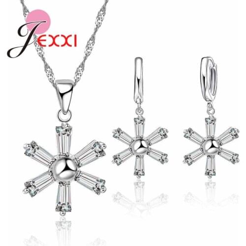 Solid 925 Sterling Silver Jewelry Sets Paved Full White Zircon Crystal Necklace/Earrings Wedding Party Engagement Set