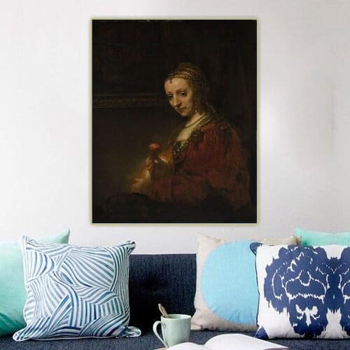 Holover Canvas Oil Painting Rembrandt"Woman with a Pink"Chiaroscuro Artwork Aesthetic Wall Art Home Room Interior Decoration