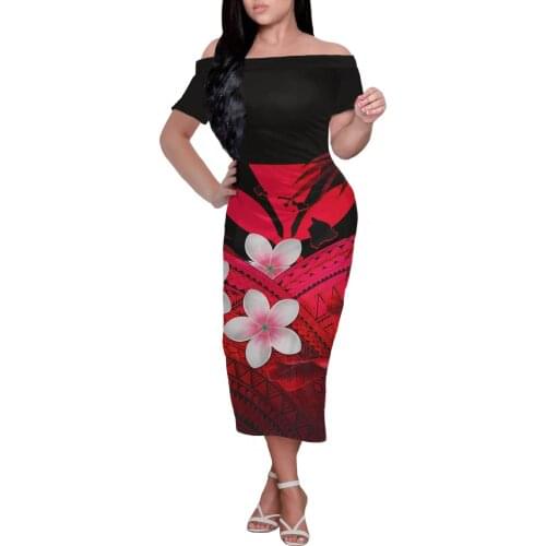 HYCOOL Women Floral Wrap Dress Off Shoulder Hawaii Floral Long Dress Summer Office Lady Slash Neck Printed Pencil Dress Gift