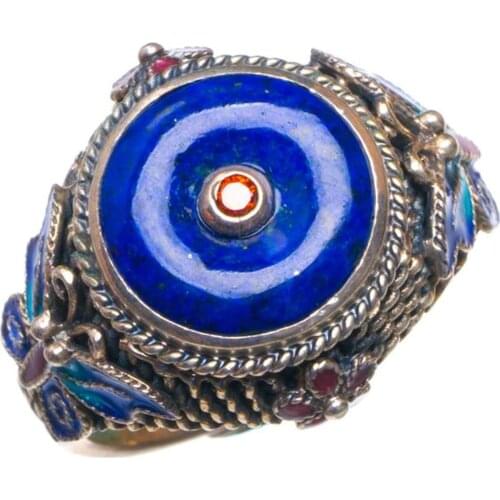 Natural Lapis Lazuli And Zircon Copper-Shape Opening Handmade 925 Sterling Silver Ring 9.25 D1307