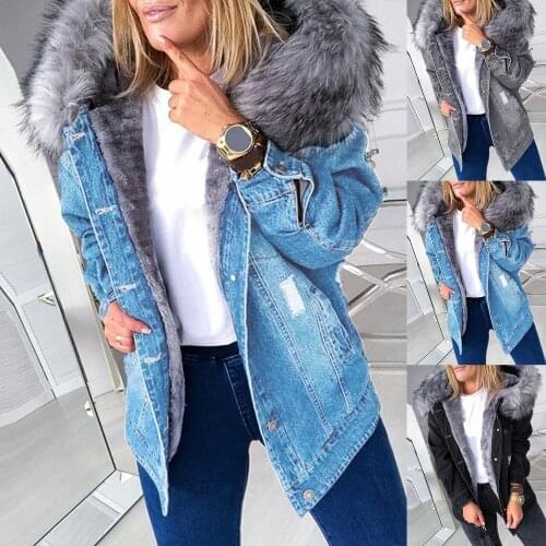 New Stylish Winter Women Long Sleeve Thicken Faux Fur Hood Plush Warm Jacket Ripped Buttons Denim Coat Outwear