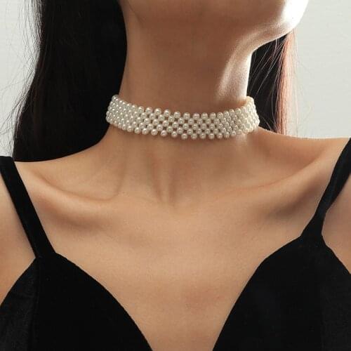 Trendy Female Geometric Grid Shape Handmade Beaded Chokers Necklaces For Women Fashion White Simulated Pearl Necklace Jewelry