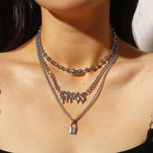 Punk Multilayer Thick Chain Letter Cross Lock Pendant Necklace Women Exaggerated Fashion Geometric Clavicle Necklace Jewelry