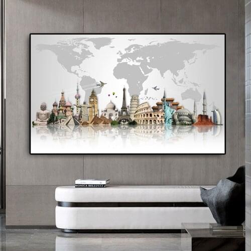 World Famous Building Posters and Prints Wall Art World Tourist Attraction Map Modern Canvas Paintings Art Pictures Home Decor