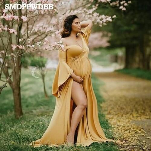 Maternity Photography Props Maternity Gown Photo Shoot Sexy Boho Shoulderless Bell Sleeves Maxi Long Dress Pregnancy Mermaid