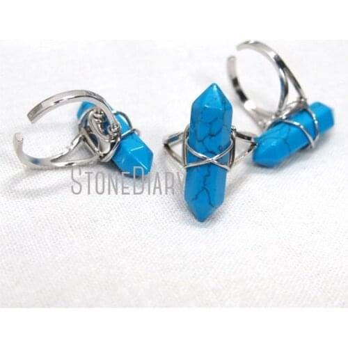 RM11467 10Pcs Winding Silver Plated Faceted Double Terminated Point Ring Blue Synthetic Turquoises Ring Outlet Adjustable