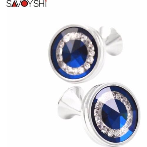 SAVOYSHI Luxury Round Blue Glass Cufflinks for Mens Gift Cuff botton High Quality Rhinestones Cuff link Fashion Men Jewelry