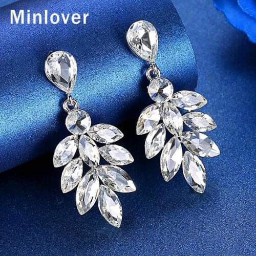 Minlover Leaf Teardrop Crystal Drop Earrings Bridal Silver Color Dangle Earring Wedding Party Jewelry Women’s Accessories EH1626