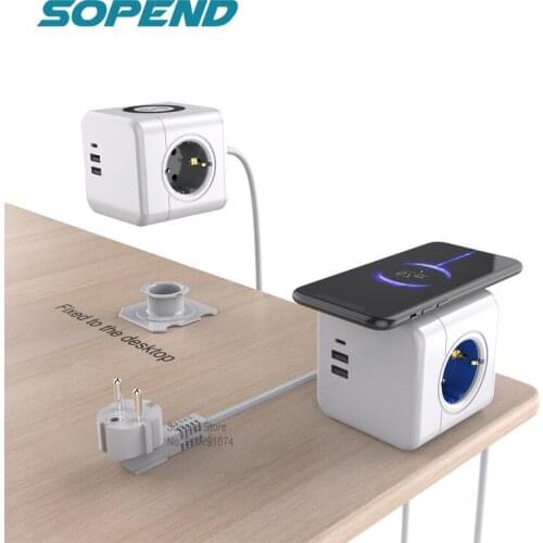 Sopend EU Plug Power Strip 1.5m Extension Cord Usb Type C Ports with 15W Wireless Charger Station Stand for IPhone Smarts Phone