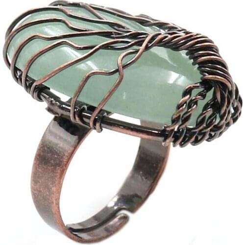 YJXP Copper Plated Wire Wrap Oval Shape Natural Green Aventurine Adjustable Finger Ring For Anniversary Jewelry