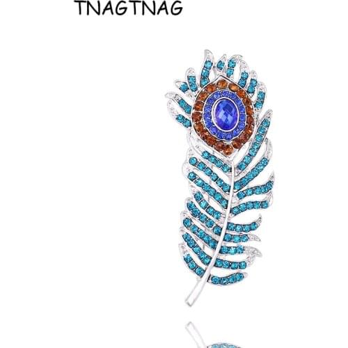 Hot Sale Dark Navy Blue Enchanting Colorful Single Peacock Feather Large Crystal Rhinestone Custom Pin Brooch, Item No.: FB002-C