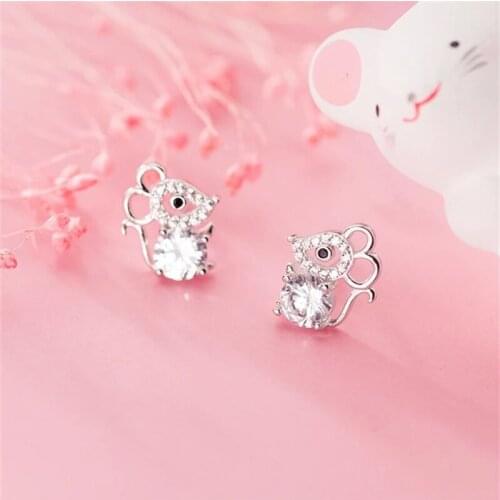 925 Sterling Silver Cute Mouse Stud Earrings For Women Romantic Wedding Jewelry Brincos Pendientes eh704