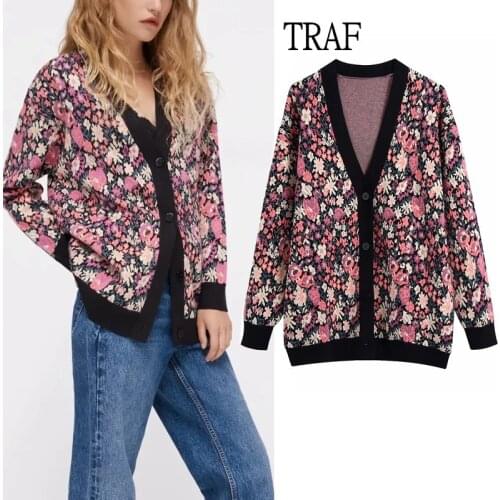 TRAF Za Women Cardigan Sweater 2021 Loose V-neck Jacquard Long Sleeve Knit Jacket Oversized Sweater Women Autumn Winter Knitted
