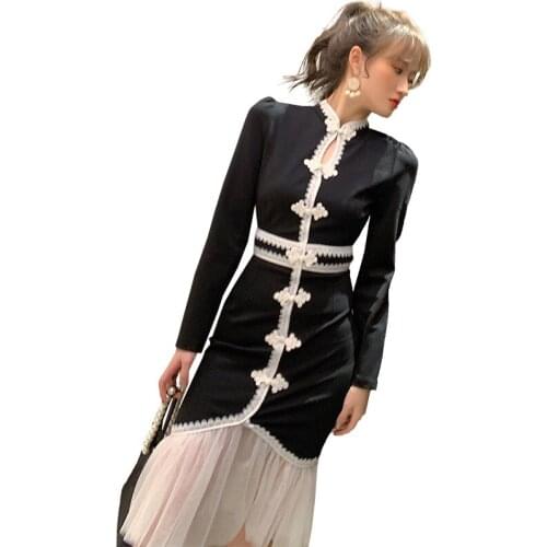 Spring Mandarin Collar Long Sleeve High-end Women Dress Vintage Cheongsam Mermaid Dresses Office Lady Vintage Sexy Party Dress