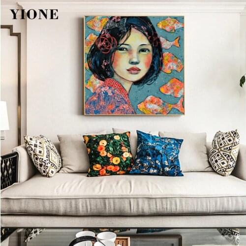 Retro Fish Girl Art Abstract Poster Cartoon Portrait Animal Canvas Painting Prints Wall Picture for Living Bedroom Decoration