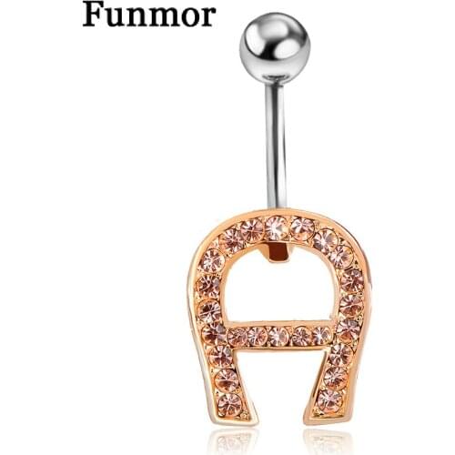 Hot Sale A Letter Pantant Navel & Bell Button Rings Gold-color Champagne Rhinestone Bikini Women Girls Body Piercings Jewelry