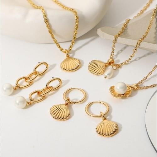 Boho Gold Color Shell Pearl Pendant Necklace Stud Earrings Jewelry Sets For Women Long Chain Charm Statement Choker Summer