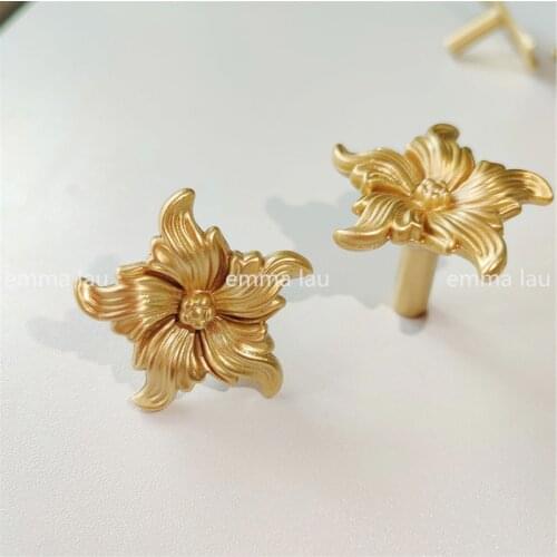 Solid Brass Furniture Drawer Knobs Cupboard Pulls Pentagram Flower Cabinet Door Handle Single Hole Gold Kitchen Cabinet Handles