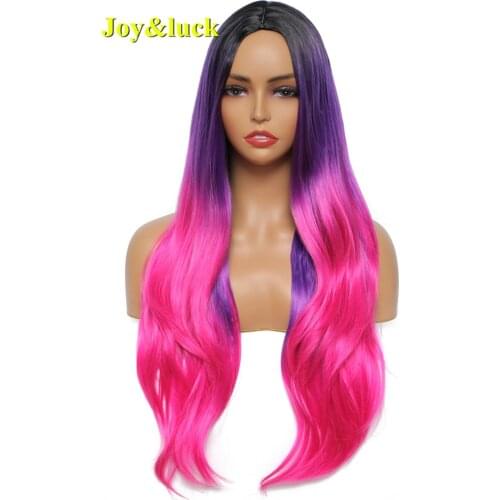 Joy&luck Long Synthetic Wig Black Ombre Purple Natural Wavy Wig Middle Part Cosplay Wigs or Daily Full Wig Hair Halloween Party