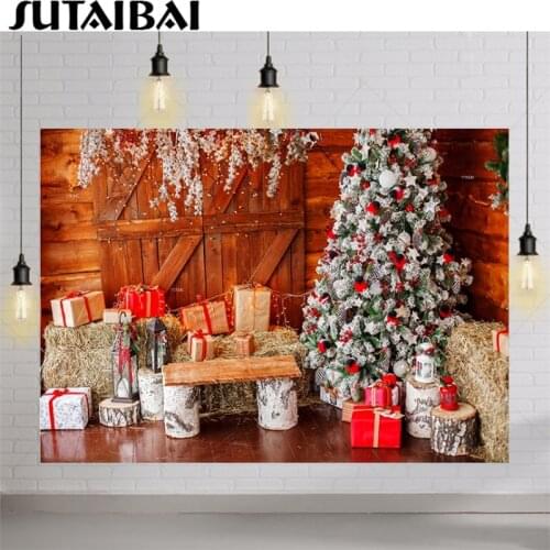 Christmas Tree Background Decoration Photography Vintage Wood Wall Haystack Gifts Children Backdrop Portrait Photo Studio Booth