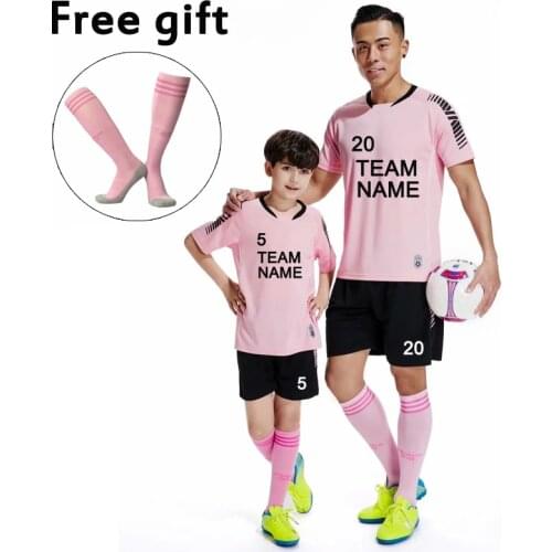 Good Quality Breathable Handsome New 2019 Football Sets Adult Kid Custom Soccer Jerseys Shirt and Shorts Kit Free Socks For Gift