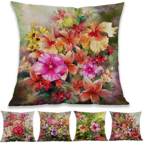 Oil Painting Style Beautiful Colorful Flowers Roses Lilies Floral Pattern Throw Pillow Case Home Sofa Decoration Cushion Cover