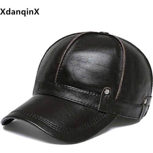 XdanqinX Mens Natural Genuine Leather Cap Cowhide Leather Baseball Caps Men Adjustable Size Winter Windproof Warm Earmuffs Hats