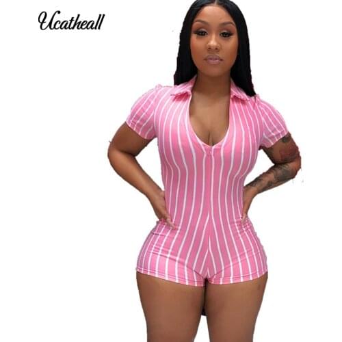 Turn Down Collar Women Sexy Playsuit Front Zipper Striped Short Sleeve Rompers New Female Elastic Skinny Sexy Party Bodysuits