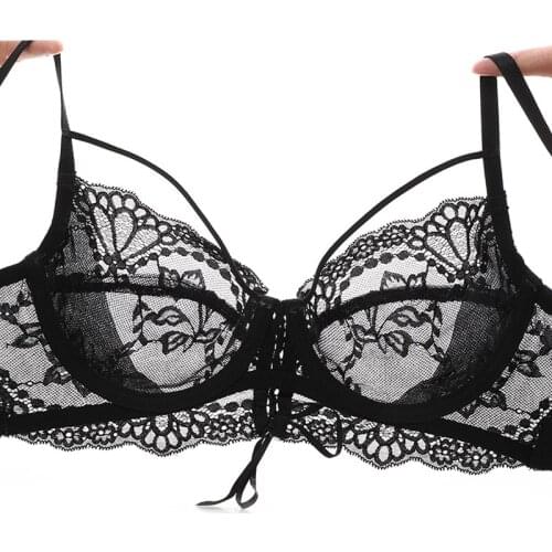 Black Ultra-Thin Transparent Bra And Panty Sets For Women Underwire Push Up Floral Lace Underwear Sexy Lingerie Plus Size 40 42