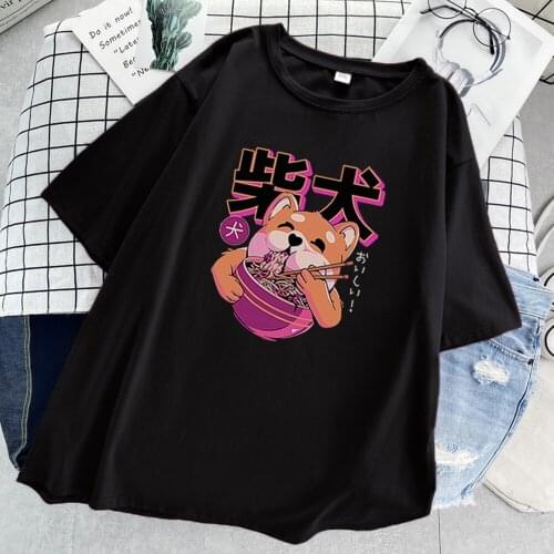 Shiba Inu Eating Kawaii Print Tshirt Women Harajuku Casual T-Shirt Summer Cute Pink Tee Shirts 2021 Street INS Womens T Shirt