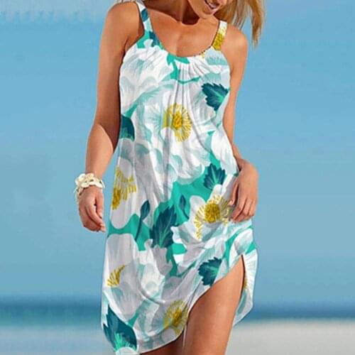 Summer Women Sundress Sleeveless Floral Print Over Knee A Line Dress for Beach