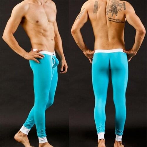 Men Warm-Keeping Leggings Long Soft Thin Johns Slim-Fit Sexy Leggings Gun Separation Solid Color mid-waist Long Johns