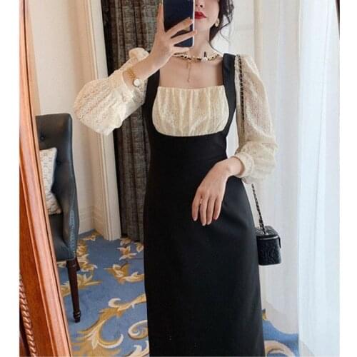 2021 Autumn Lace Vintage Black Midi Dress Women Sweet Elegant Evening Party Dress Female Casual Slim One Piece Dress Korean Chic