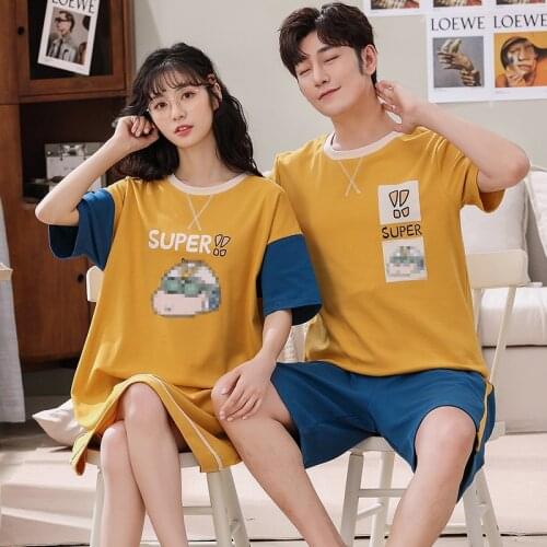 Big Size Sweet Home Wear Summer Knitted Cotton Couple Pajamas Set Japanese Cartoon Anime Kawaii Short Sleeve Men Women Sleepwear