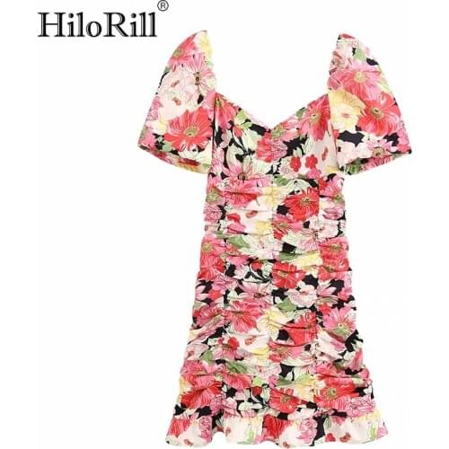 HiloRill Women Chic Bodycon Mini Dresses Vintage Floral Print Ruffle Party Dress Puff Short Sleeve Summer Dress Boho Sundress