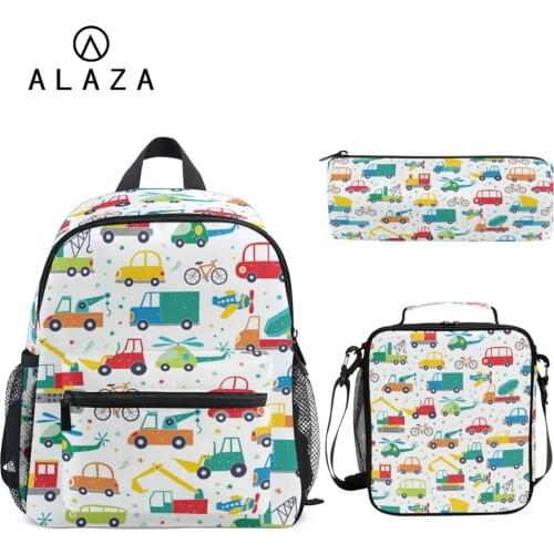 ALAZA Hot kids school bags with bag set 3pcs Cartoon car printing Kindergarte Bag for Girl Boys Bag Children School Pencil Bag
