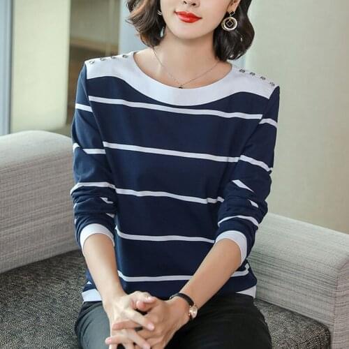 Plus Size Striped Cotton T Shirt Women Korean Clothes 2021 Autumn Button T-Shirt Womens Long Sleeve Woman Tops Tee Shirt Femme