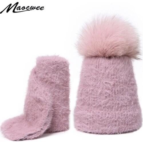 Winter Mink Hair Knitted Hat and Scarf Sets For Women And Children Hats with Big Real Natural Fox Fur Pompom Warm Soft Beanies