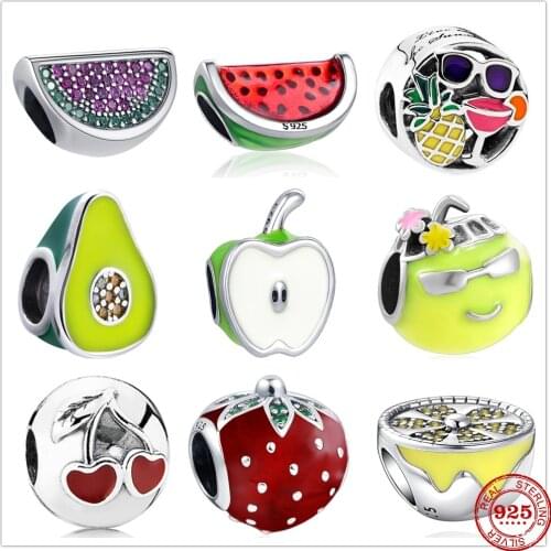 925 Sterling Silver Watermelon Coconut Milk Avocado Lemon Cherry Charm bead Fit Original Pandora Bracelet DIY Jewelry For Women