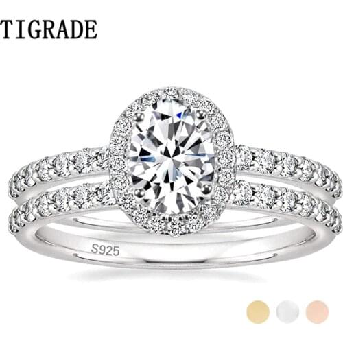 TIGRADE 1.25CT 925 Sterling Silver Cubic Zirconia Bridal Rings Sets Oval Cut CZ Engagement Rings Wedding Band For Women