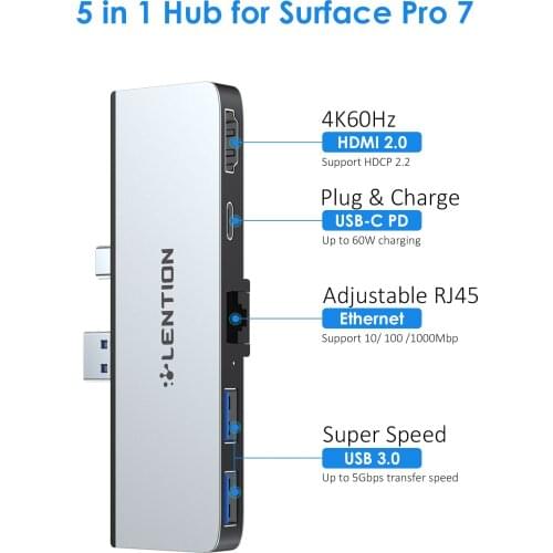 Lention USB 3.0 HUB Multi USB to USB3.0 Port HDMI-compatible/ RJ45 Dock for Microsoft Surface Pro7 Splitter Adapter PD Charger