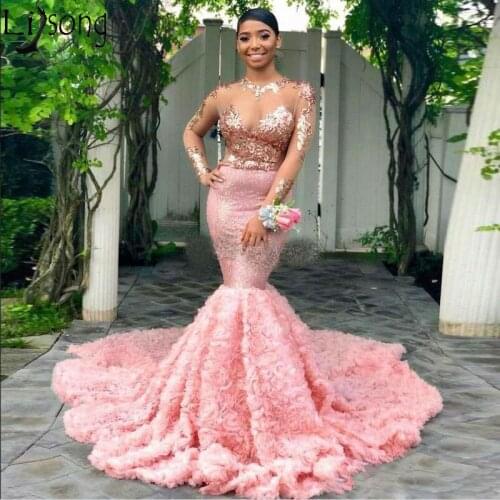2019 Pink Mermaid Prom Dresses Sheer Top With Appliques Evening Gowns Illusion Long Sleeves Rose Ruched Sweep Train Formal Dress