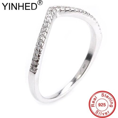 YINHED Elegant Curved V Shape Thin CZ Rings Real 925 Sterling Silver Wedding Band Stackable Ring Womens Jewelry Gift ZR711