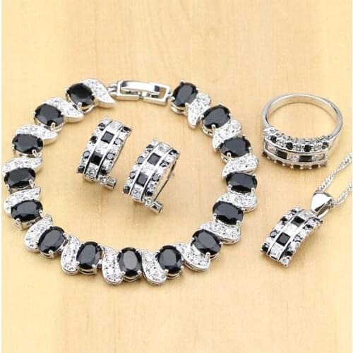 925 Silver Jewelry Black And White CZ Jewelry Sets For Women Earrings/Pendant/Necklace/Rings/Bracelet