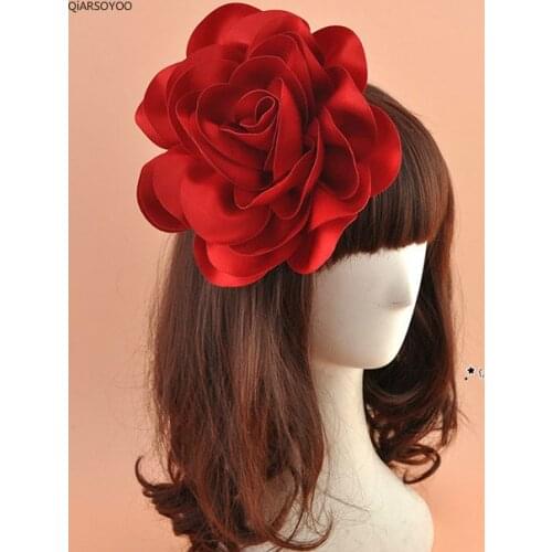 High Quality Big Satin Flower Hair Clip For WOmen Fashion WIne Red Yellow Blue Purple Party Women Show Dance Hair Accessories