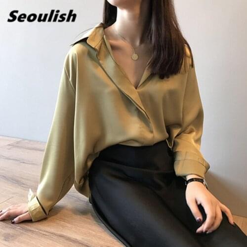 Seoulish 2021 New Spring Autumn Stain Formal Womens Blouse V-Neck Office Lady Shirts Elegant Female Workwear Loose Blouse Tops