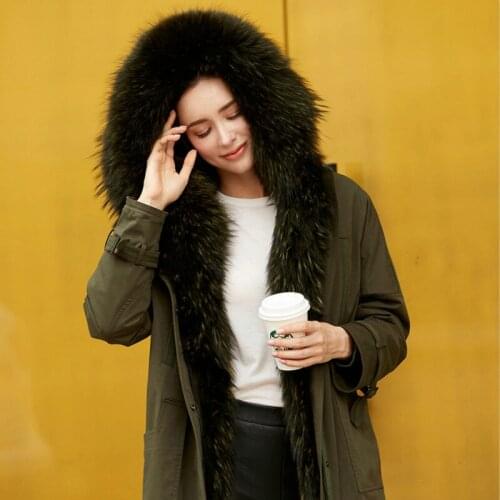 Winter Real Jacket Coat Women Rabbit Liner Raccoon Fur Collar Hooded Parka Abrigos Mujer Invierno 2020 WPAO90047 YY675